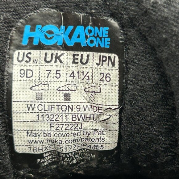 Hoka One One Clifton 9 Shoes Womens Size 9 D Wide Black White Running Sneakers - Picture 6 of 7